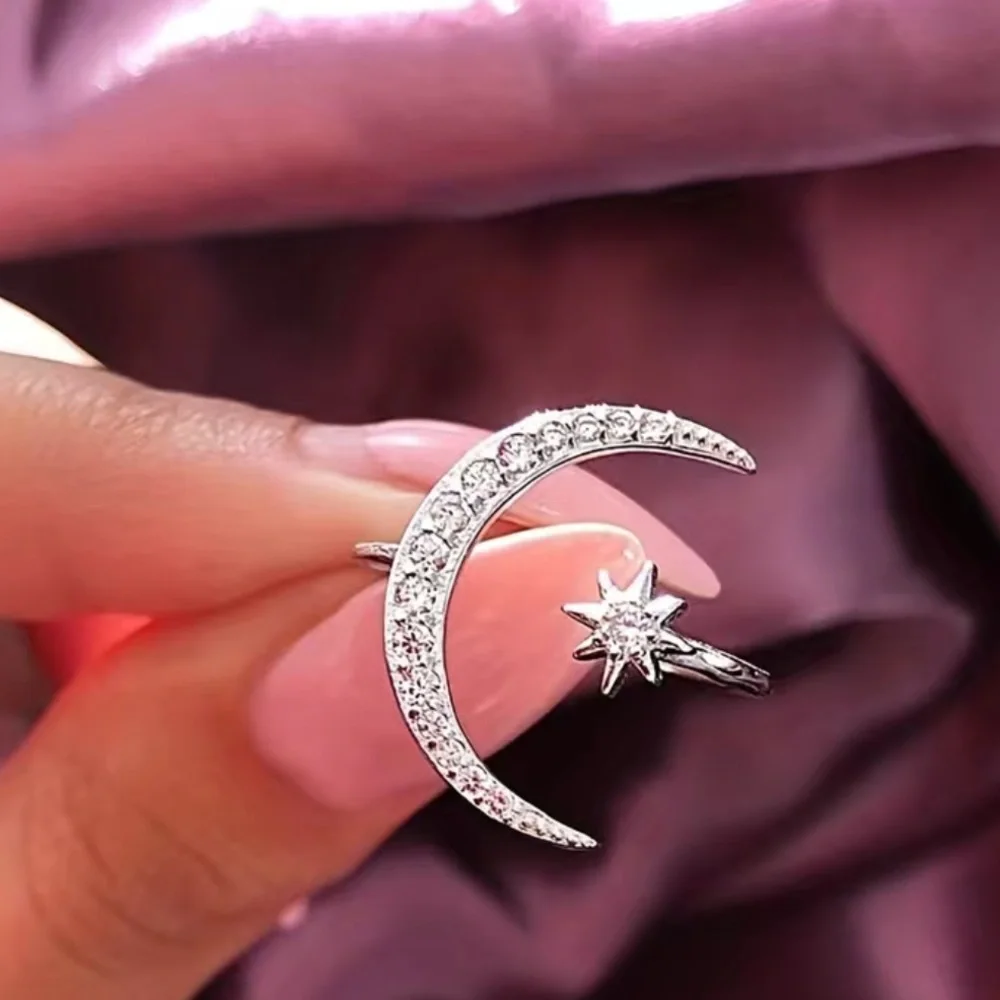 Adjustable Size Cuff Ring Crescent Moon And Star Design Shape Inlaid Rhinestones - Picture 6 of 8